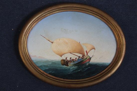 Attributed to Luigi M Galea Maltese fishing boat at sea, oval, 8 x 10.5in.